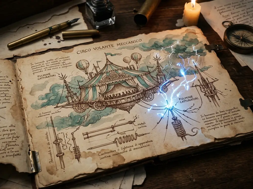 Nákresy steampunkového cirkusu v lodním deníku